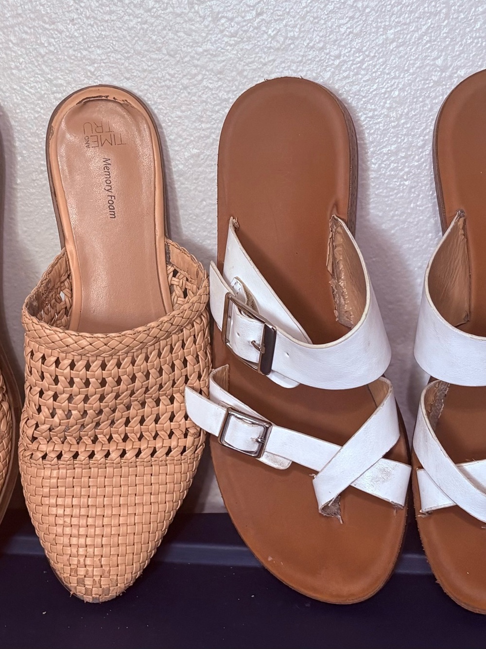 Lot of 2 Womens Size 7.5 Shoes Time and Tru Woven Mules & White Slide Sandals